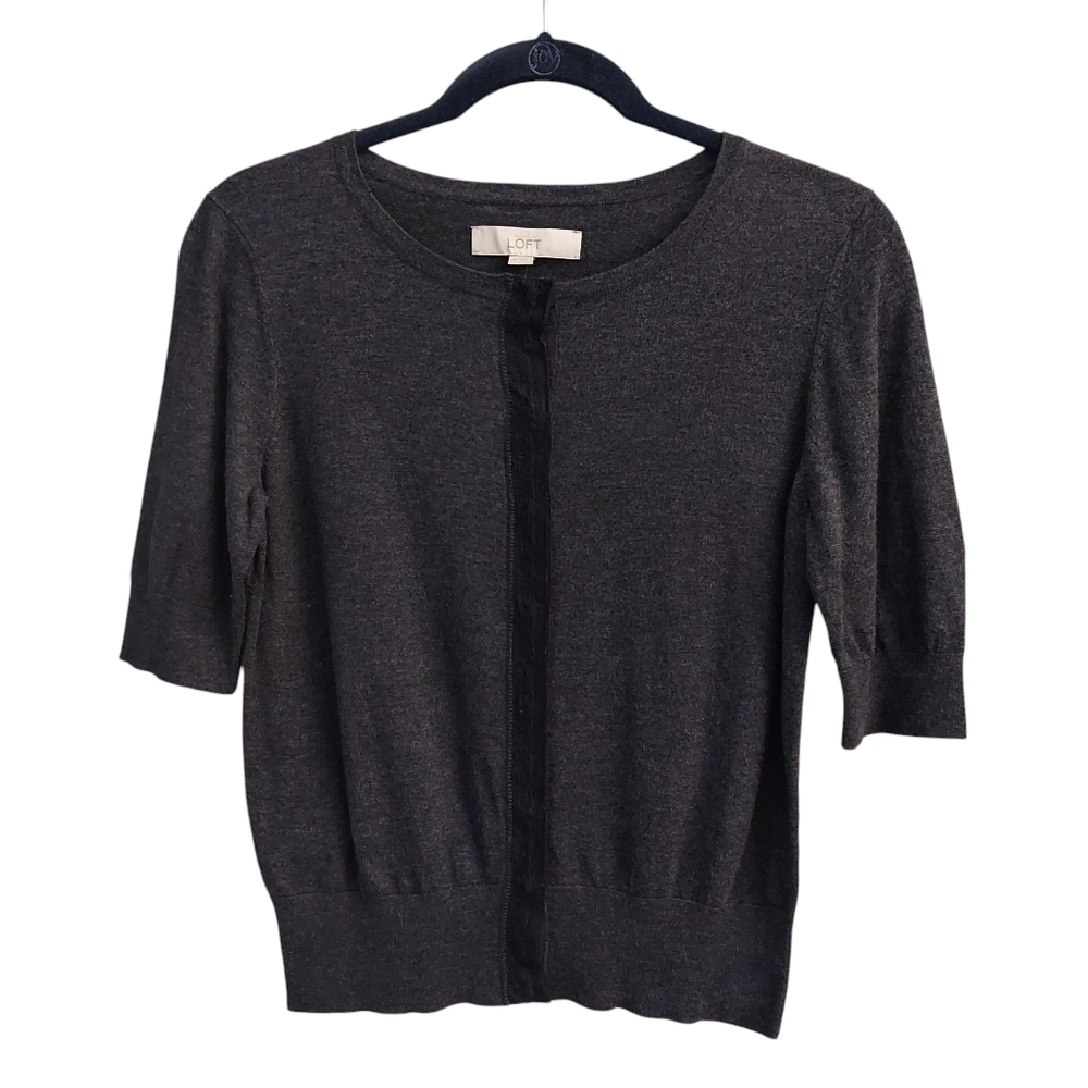 LOFT Charcoal Gray And Black Short Sleeve Cropped Button Down Sweater